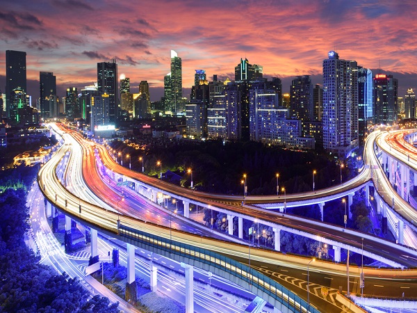 The photo depicts a futuristic urban landscape that seamlessly integrates advanced technology with modern architecture.